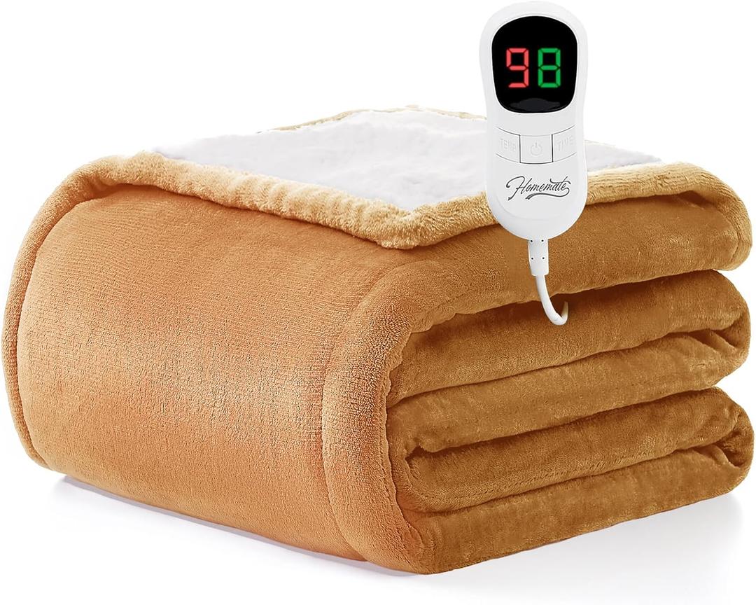 Homemate Heated Blanket Electric Throw - 50"x60" Heating Blanket Throw 1/2/4/6/8 Hours Auto-Off 10 Heat Level Over-Heat Protection Flannel Sherpa ETL Certification