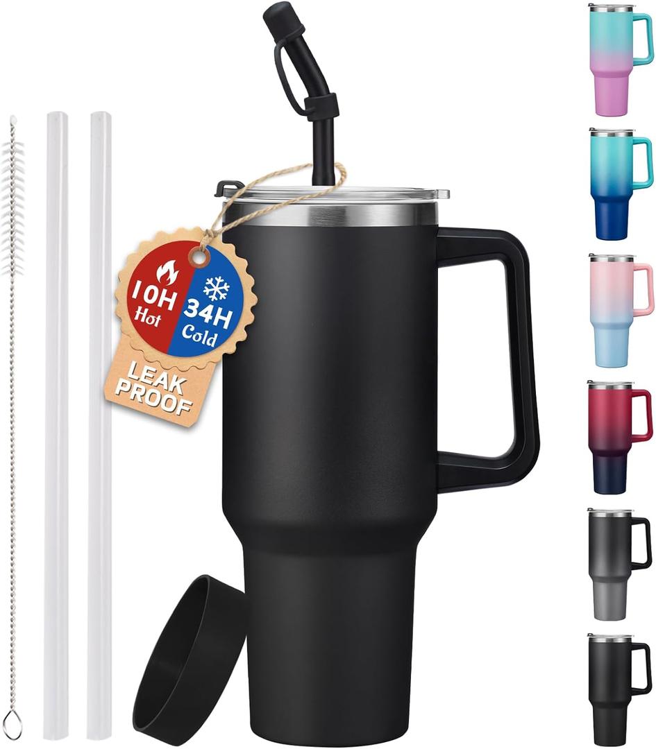 40oz Tumbler with Handle and Straw Lid - Insulated Water Bottle Keep Cold-34H, Stainless Steel Hydro Cup Travel Flask with Dust-proof Cap, Rubber Base, Coffee Mug for Men Women (Black)