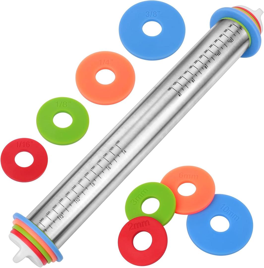 Adjustable Rolling Pin with Thickness Rings for Baking, Stainless Steel Designs Dough Roller Pins for Cookie Decorating Baking Supplies Fondant Cake Baker (Silver)