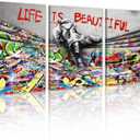 Life is Beautiful Wall Art Colorful Curtain and Boy Poster Pop Culture Art Graffiti Picture Canvas Print for Living Room Bedroom Decor Framed and Ready to Hang 20x28inchx3Pcs