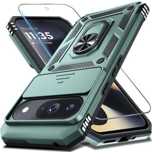 Janmitta Case Compatible with Google Pixel 9/9 Pro Built in Slide Camera Lens Cover+Screen Protector+Finger Ring Holder Kickstand,Heavy Duty Shockproof Full Body Protective Phone Cover,Dark Green