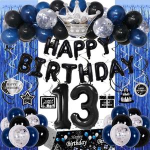 13th Birthday Decorations for Boys Girls, Teenager Happy 13th Birthday Decorations Boy, Blue Black 13 Year Old Birthday Balloons Banner, Tablecloth, Hanging Swirls 13 Bday Party Decor for Teenagers