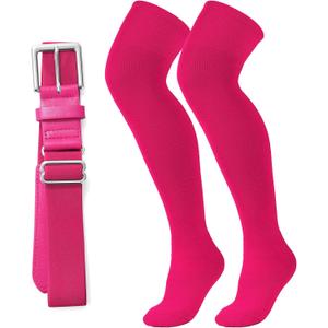 XZQTIVE Over the Knee Baseball Socks and Belt Combo Set for Kids Youth Adult Pink Softball Soccer Socks for Boy Girl, Pink  (Medium)