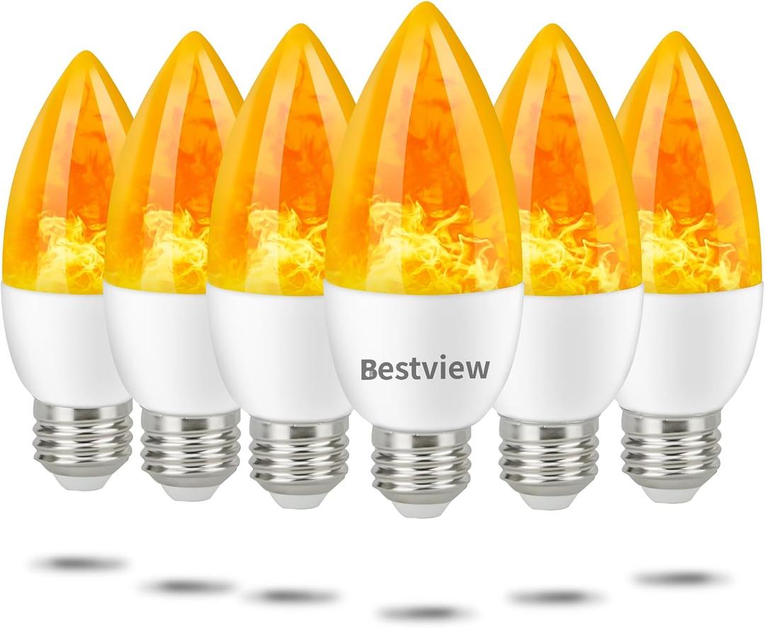 Bestview Flickering Light Bulbs,3 Modes Led Flame Effect Light Bulbs, Smart E26/E27 Chandelier Base Candle Fire Light Bulb for Halloween, Christmas,Party, Porch, Indoor&Outdoor Home Decoration-6 Pack