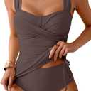 B2prity Tankini Swimsuits for Women Tummy Control Two Piece Bathing Suit High Waisted Wrap Swim Suit with Bottom Swimwear (Large, Coffee)