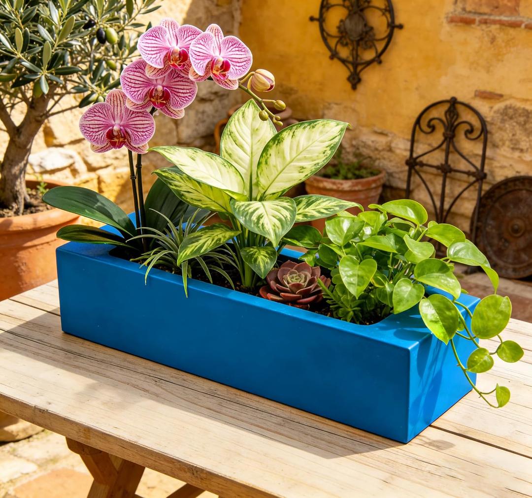 Versatile Oblong Faux Succulent Arrangement Rectangular Planter for Indoor/Outdoor Weatherproof, Easy-Move Cozy Nature Accent for Desks, Balconies & Entryways Blue