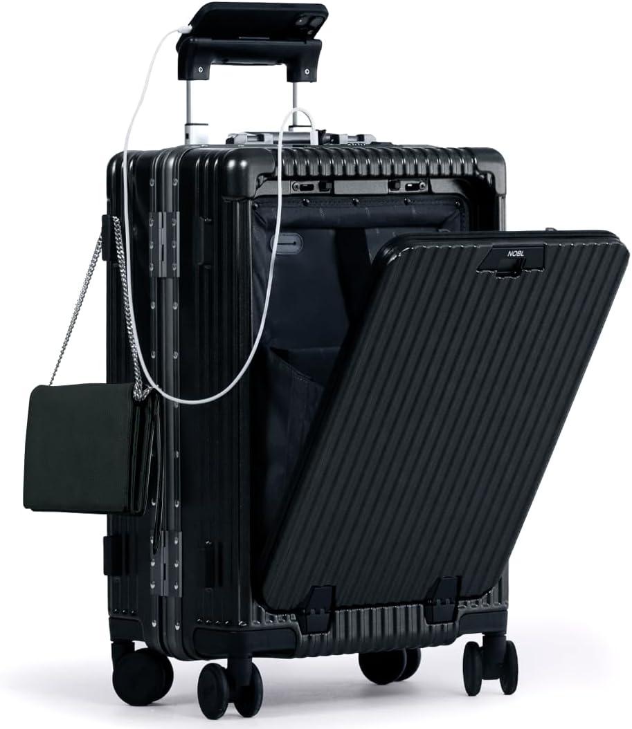 Nobl Travel Carry On Luggage, Noble Zipperless Aluminum Frame PC Hard Shell Suitcase, 23.5x15.5x10 Airline Approved, 360 Spinner Wheels, TSA Locks, USB Charging Port, Cup & Phone Holder - Black