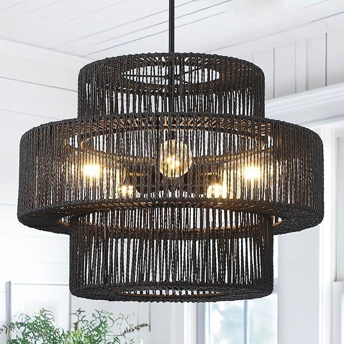 22" Black Boho Rattan Chandelier Light Fixture Hand Woven Farmhouse Pendant Lighting Rustic Boho Chandeliers for Dining Room Living Room Hallway Foyer 5-Lights
