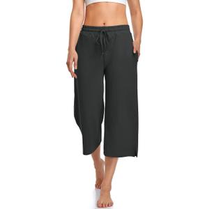 UEU Womens Capri Yoga Pants Summer Wide Leg Loose Casual Cropped Lounge Drawstring Pajama Capris Sweatpants with Pockets (Gray, S)