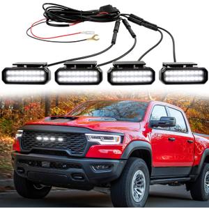 4PCS LED Grille Lights, Universal Clip-On Car Front White Grill Lights, with Wiring Harness & Fuse, Compatible with Dodge Ram 1500 GMC Sierra Jeep Silverado Ford F150 Raptor Toyota 4Runner