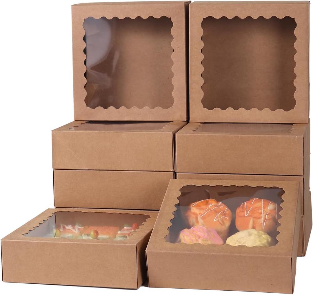 50 pcs 8x8x2.5 Inches Bakery Boxes with Window, Cake Pastry Cookie Mini Pie Box for Pastry,Dessert,Strawberries,Chocolates (Brown)