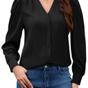 Blouses for Women Business Casual Tops Satin Silk V Neck Long Sleeve Button Down Shirts Work Blouses(Size M)