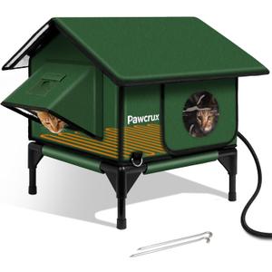 100% Waterproof Heated Cat House for Outdoor Cat with Safe Escape Door, Cat Bed Weatherproof Cat Shelter Kitty with Cat Heating Pad, Insulated Warm House for Feral Cat(Green, 16.1"x16.1"x19.2")