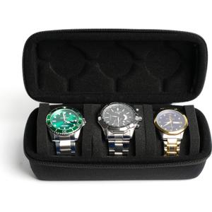 Watch travel case, watch storage box organizer, hard watch case holder with flexible foam inserts (BLACK, 3 INSERT)