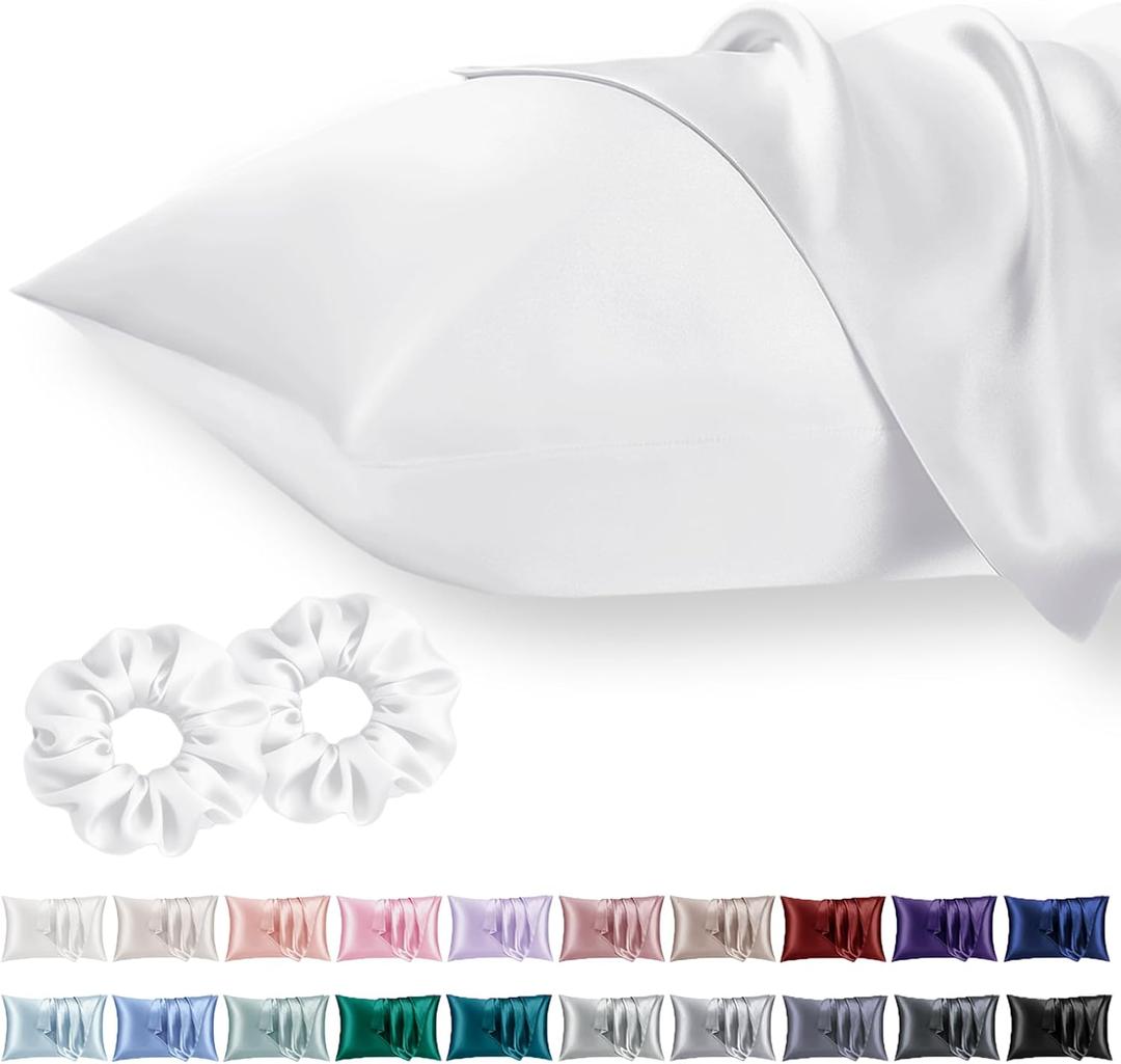 King Satin Pillowcase for Hair 2pc,Similar to Silk Pillow Cases,Easier Care Than Silk Pillowcase Gifts for Women Men,White,20x36 & Envelope Closure and 2 Satin Scrunchies