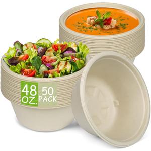 Paper Bowls, 100% Compostable Disposable Soup/Salad Bowls 48 Oz 50 Pack, PFAS-Free BPI Certified Eco-Friendly Hot/Cold Food Bowls, Natural Brown