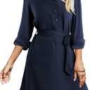 Amoretu Womens Shirt Dresses Long Sleeve Button up Work Dress with Pockets (Medium, Navy Blue)
