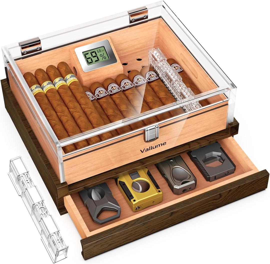 VALLUME Cigar Humidor, Acrylic Humidor with Wooden Drawer Base, Compact Desktop Humidor, Features Gel-Controlled Sliding Cigar Humidifier, Cedar Wood Tray, Ideal Gift for Men (Small size)