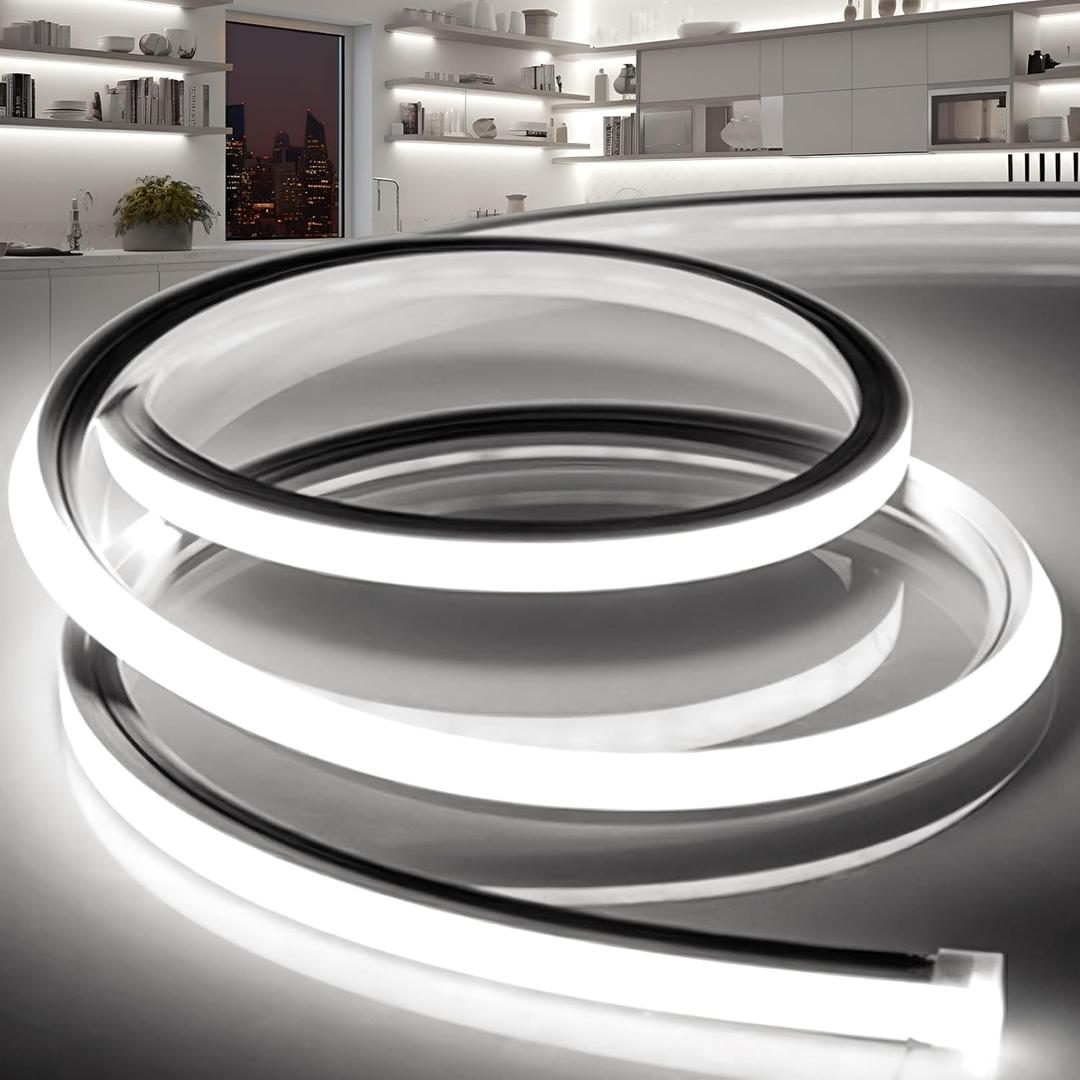 LED Strip Lights Daylight White 6000K,9.8ft 110-120V Neon Rope Lights,Flexible Silicone Outdoor Waterproof Neon Strip Lights for Bedroom,Mirror,Kitchen Cabinet, Living Room,Halloween Decor