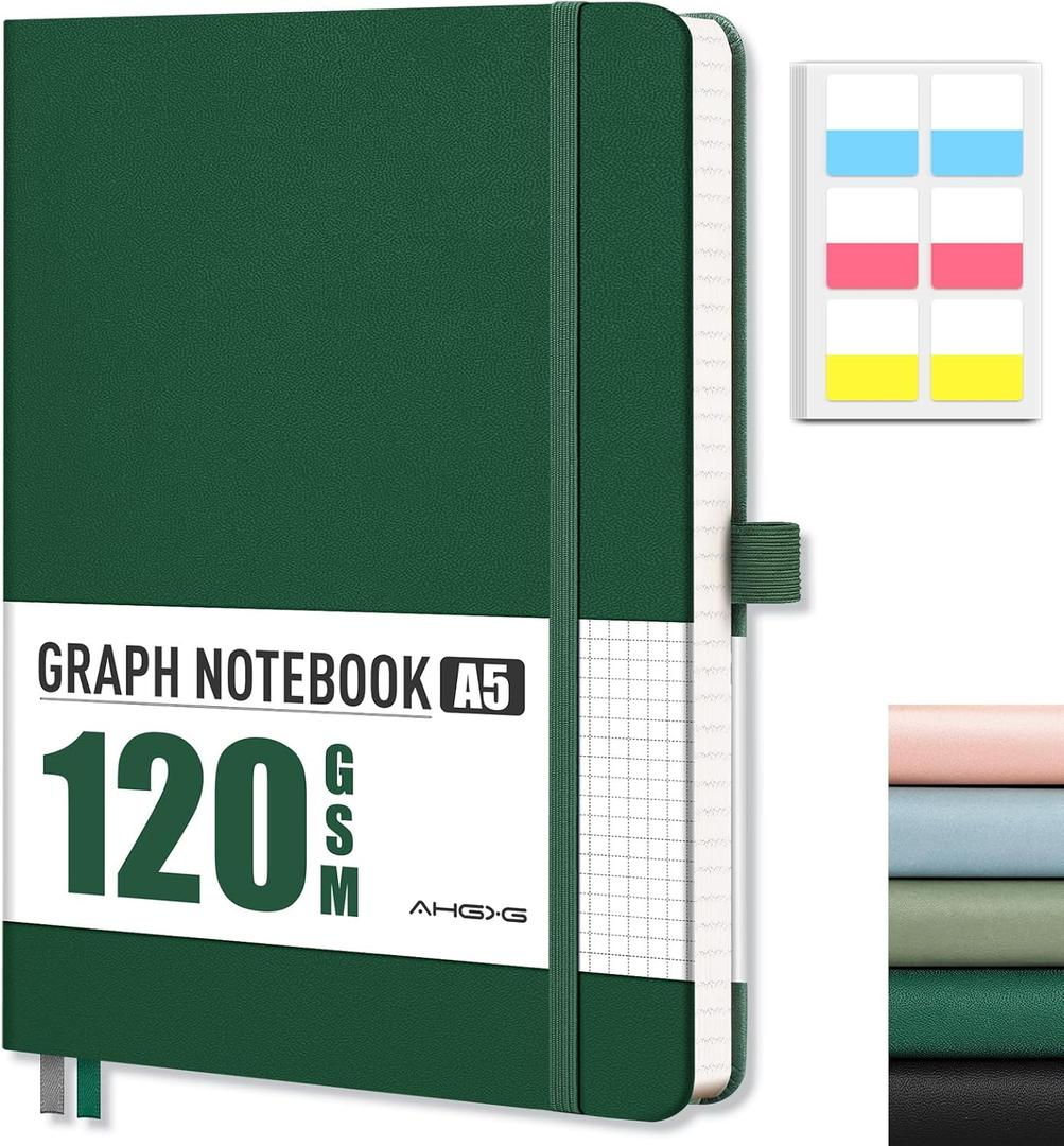 AHGXG Graph Paper Notebook - Grid Notebook Journal A5, 120 GSM Thick Graph Paper, 160 Pages, Leather Hardcover, for Graphing, Writing, Math, Engineering, 5.75''  8.38''- Green