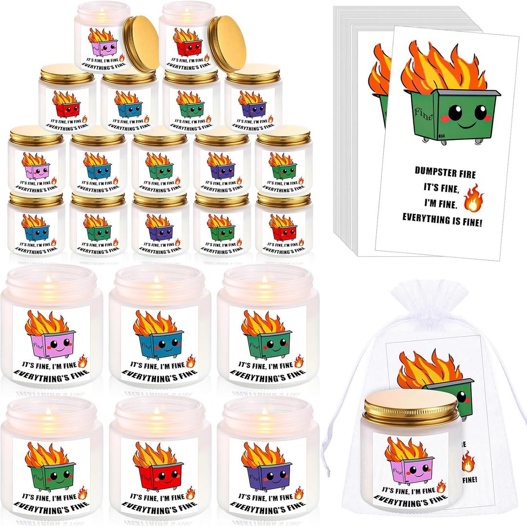 Nuanchu 72 Pcs Dumpster Fire Appreciation Gifts for Coworker Employee Anxiety Relief Gift Bulk 24 Scented Aromatherapy Candles 24 Dumpster Fire Cards and 24 Organza Bag for Team