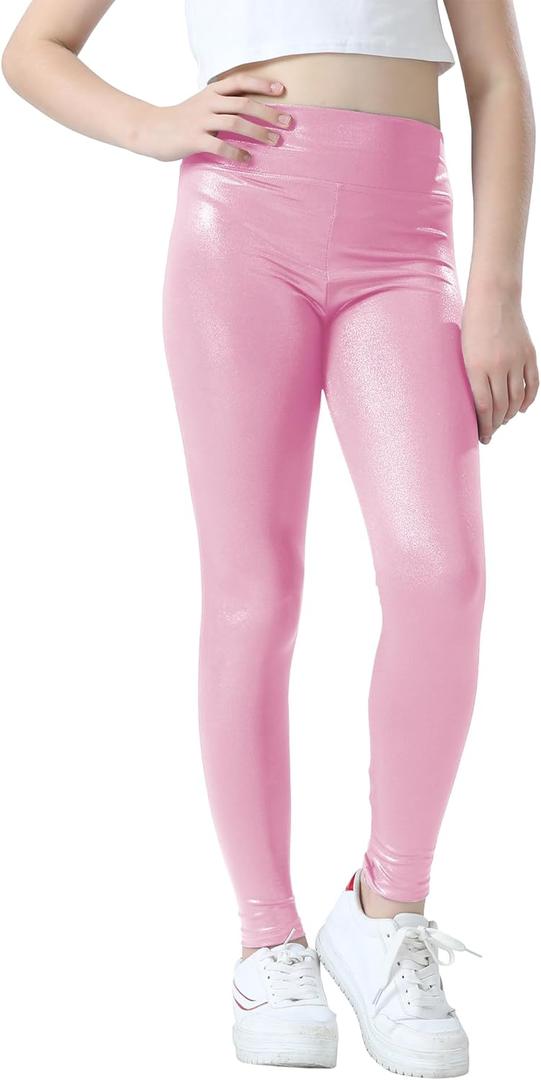Girls Metallic Active Leggings Size 4-14 Years Shiny Sparkly Mystique Stretch Ankle Length for Kids Youth Teen (Pink)