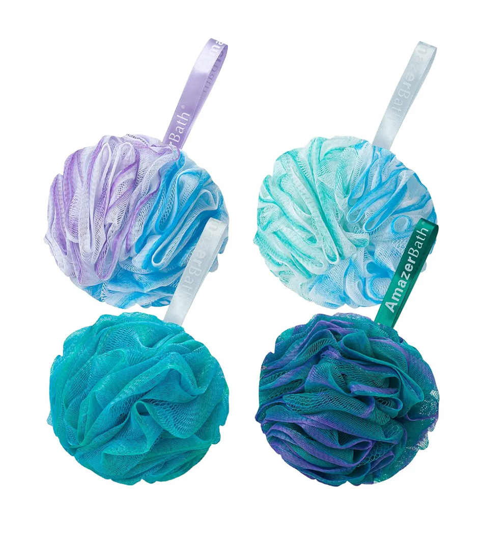 AmazerBath Loofah Sponge 75g/Piece, Exfoliating Bath Sponge Body Scrubber - Loofa Set of 4 Flower Color (Large, Green-Purple)