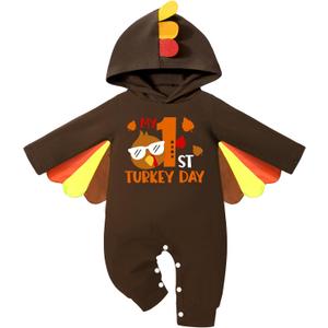 NAPU My First Thanksgiving Baby Boy Outfit Cute Turkey Romper Long Sleeve One Piece Jumpsuit Hat 2Pc Baby Thanksgiving Outfit (6-9 Months)