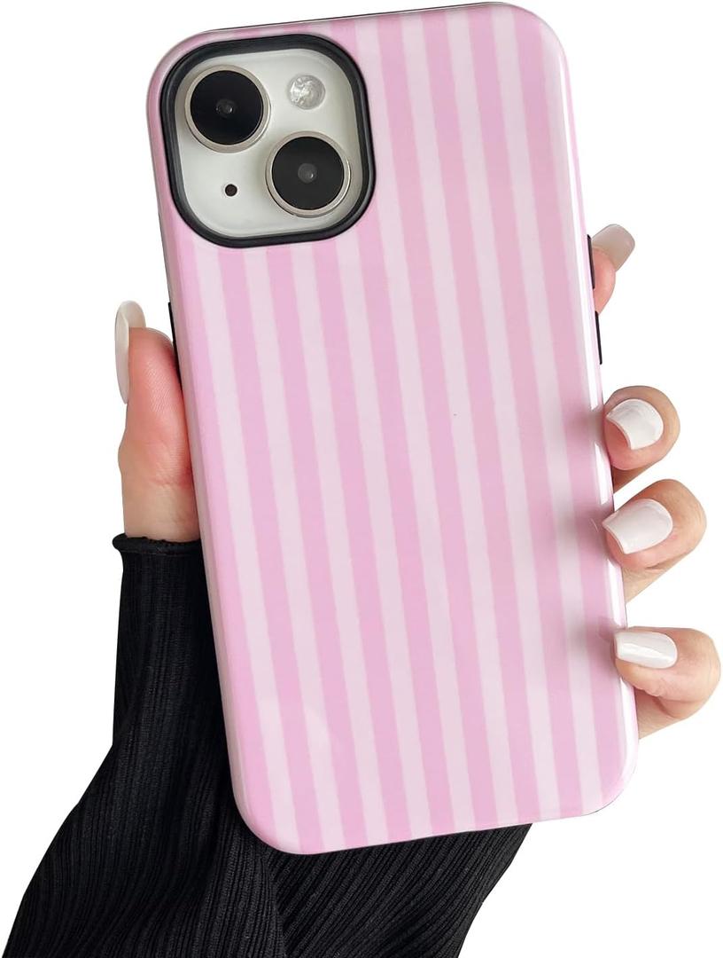 Compatible with iPhone 13/14 Case, Cute Fashion Aesthetic Striped Pattern Cover for Women, Shockproof Soft TPU and Hard PC Protective Phone Case for iPhone 13/14 6.1"- Pink