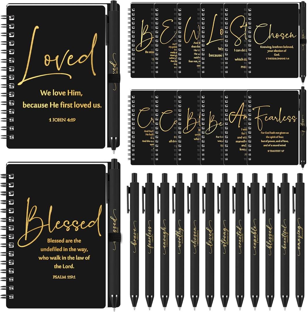 Kosiz 24 Sets Christian Gifts Bulk Inspirational Prayer Journals with Pens Gifts for Mother's Day A6 Spiral Bible Notebook Religious Gift for Women Men Church Members Bible Study Groups (Black)