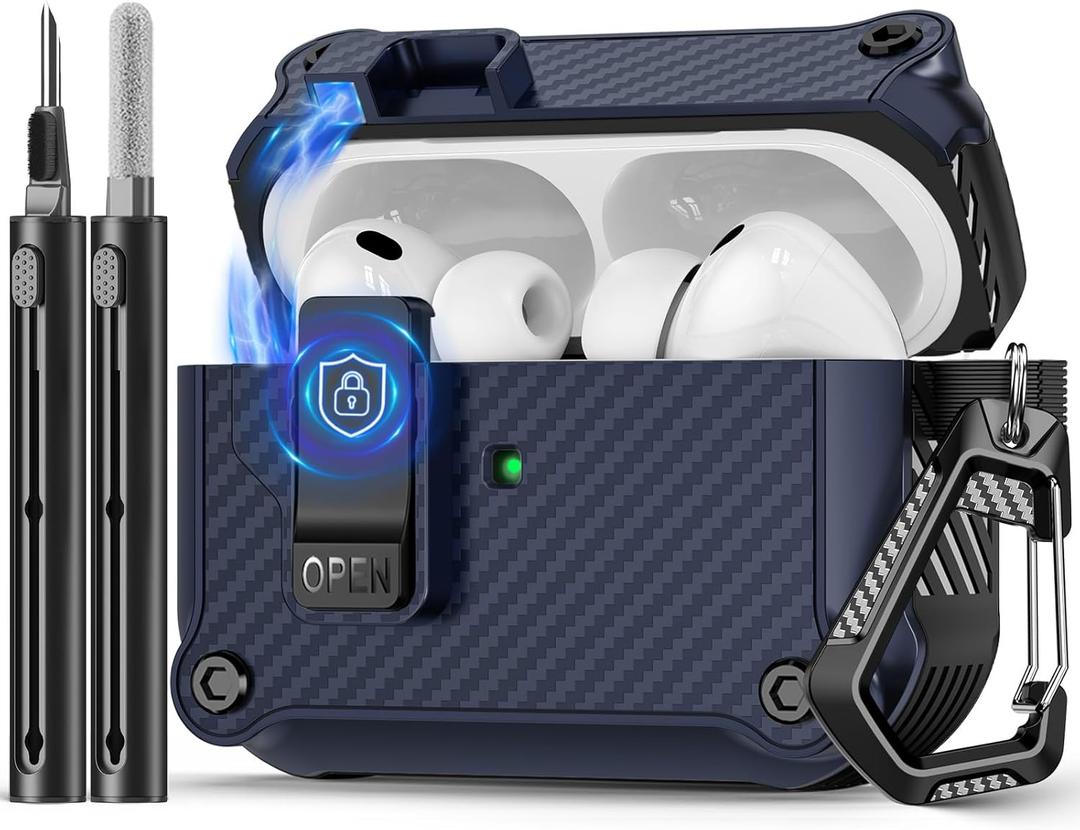 Pohgelan Compatible with AirPods Pro 3 Case,Magnetic Automatic Lock with Cleaning Kit,Compatible with Magsafe,Carbon Fiber Texture Cover-Blue