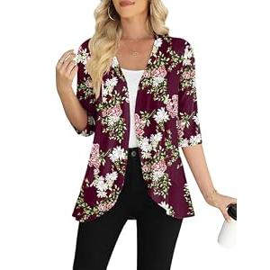 Yincro Plus Size Women's 3/ 4 Sleeve Cardigan Casual Lightweight Soft Open Front Cardigans (Flower Wine Red, 3XL)