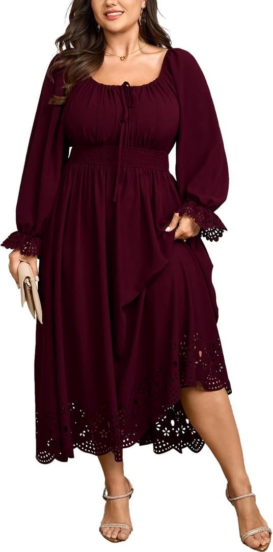 SCOMCHIC Womens Plus Size Maxi Dress Long Sleeve Square Neck Smocked Wedding Guest Flowy A-Line Hollow Out Long Dresses (Burgundy) 2XL