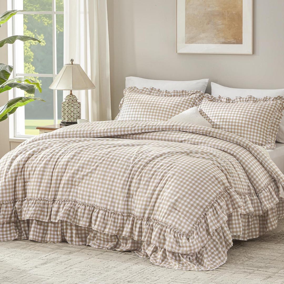 Andency Tan Gingham Ruffle Comforter Set California King, 3 Pieces Lightweight Fluffy Farmhouse Shabby Chic Plaid Bedding Sets, Soft Polyester All Season Cal King Bed Sets (104x96Inch)