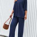 PRETTYGARDEN 2 Piece Lounge Sets for Women Summer 2025 Short Sleeve Tops Wide Leg Pants Matching Travel Outfits Clothing (Navy, X-Small) (XS)