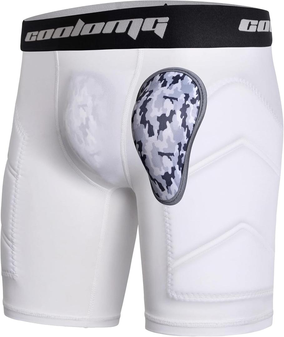 COOLOMG Adult Men Baseball Sliding Shorts with Cup Pocket Protective Padded Sliders Compression Cup Underwear for Football Lacrosse (Medium, White)