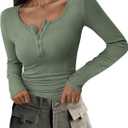 PRETTYGARDEN Women's 2025 Fall Long Sleeve Henley T Shirts Button Ribbed Knit Slim Fit Basic Tops Blouse Casual Outfits (Sage Green, X-Small)