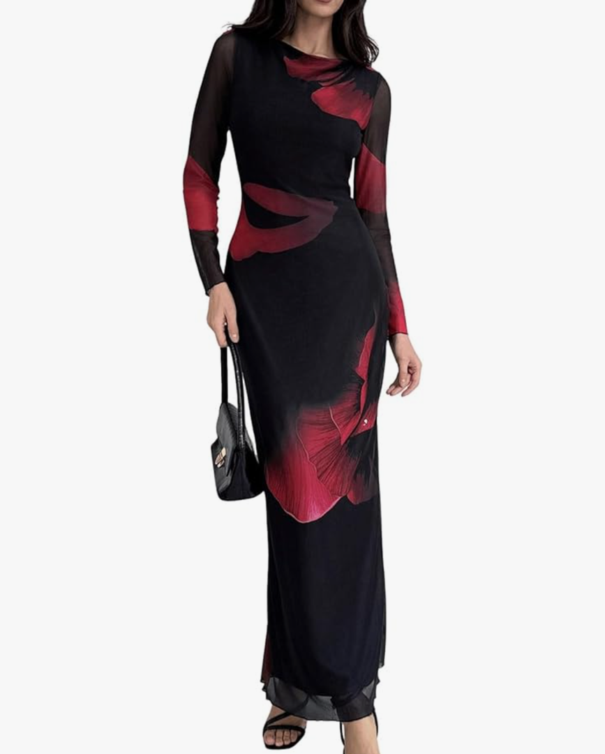 Milumia Women's Tie Dye Mesh Bodycon Dresses Floral Long Sleeve Maxi Dresses, Size S.
