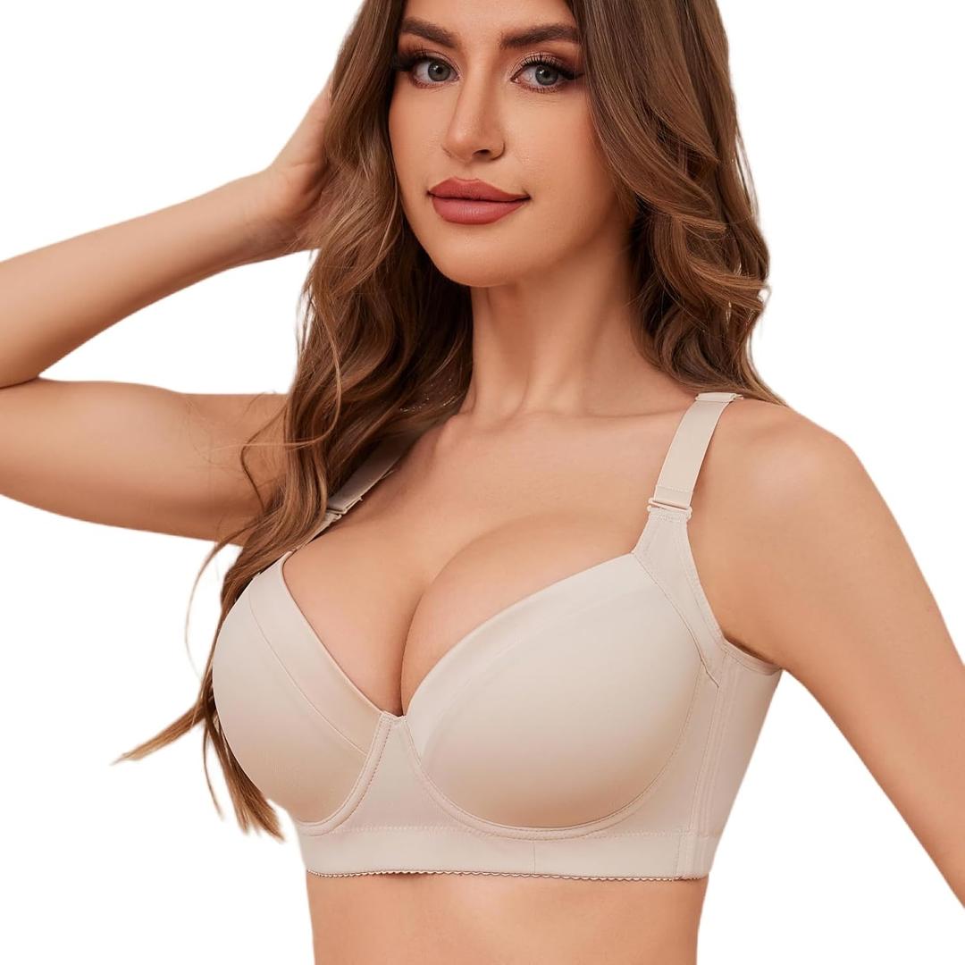 Plus Size Push Up Bras for Women Back Fat Smoothing Bra Comfort Lightly Underwire T-Shirt Bra (46C, Beige)