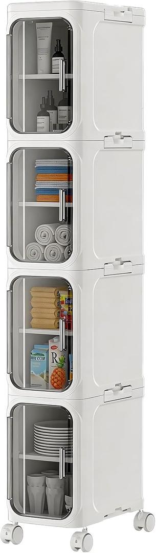 HIYOHIYO 4-Tier Tall Narrow Bathroom Storage Cabinet with Movable and Locking Wheel Design, Slim Storage Cabinet with Adjustable Shelves for Small Space and Kitchen Narrow Spaces, White (Width 8.5"), 8.5" W X 13.4" D X 50" H