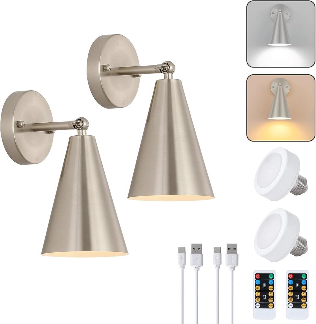 MWZ Brushed Nickel Battery Operated Wall Sconces Set of Two,Wireless Led Lighting with Remote Control, Modern Dimmable 2 Color Temperatures Adjustable Angle Wall Mount Lamp with Silver Metal Shade
