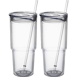 MEWAY 30oz/2 pcs Classic Insulated Tumblers,Double Wall Acrylic Tumbler with LidReusable Plastic Insulated Tumblers with Strawfor cold drinks, sand ice, whatever you like(transparent,2 pack)