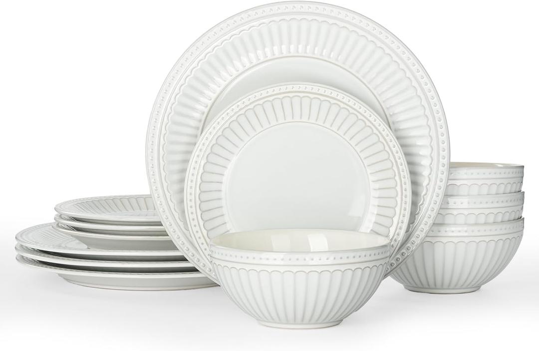 Famiware Garden Plates and Bowls Set, 12-Piece Dishes Set for 4, Scratch Resistant Kitchen Dishes Dinnerware Set - Microwave and Dishwasher Safe, Reactive Glaze and Embossed Stoneware, White