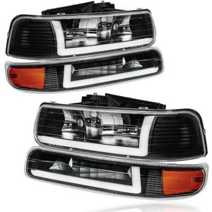 Pair LED DRL Headlights Assembly for 1999-2002 Chevy Silverado 1500 2500 1500HD 2500HD 3500/2000-2006 Tahoe Suburban 1500 2500 Replacements Amber Reflector Black Housing