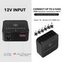 PlusRoc 12V DC PWM Fan Controller Hub, 4-Pin 6-Way Fan Splitter with 2A Power Adater (DC 5521), 24W Output for PC Cooling Fans