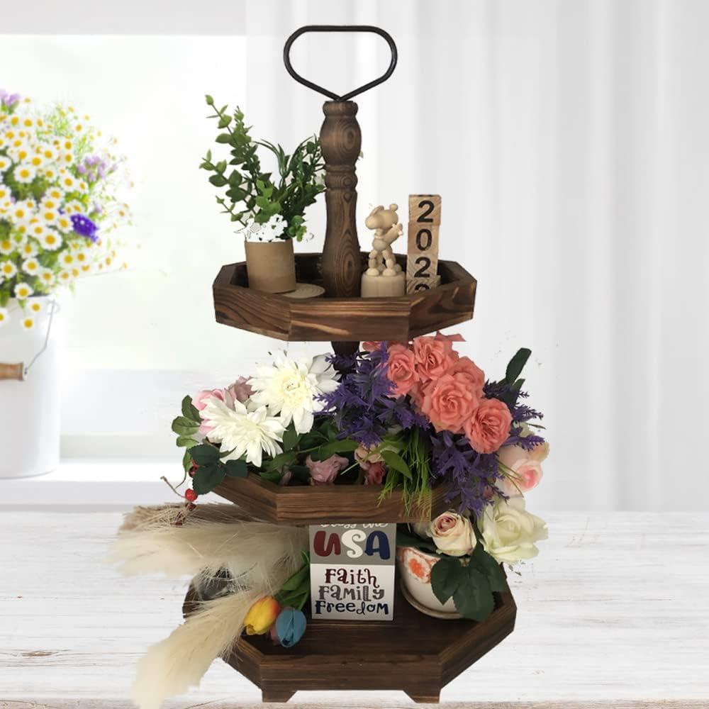 MRPAPA 3-Tier Rustic Black Wooden Serving Tray | Farmhouse Cupcake Stand & Kitchen Organizer | 27"x15" Tall Tiered Tray for Dining Table, Fall Decor, Country Home Decor
