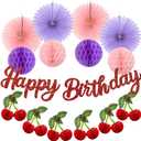 15 Pcs Cherry Birthday Decorations Kit, Hanging Red Pink Purple Honeycomb Paper Lanterns, Honeycomb Fans, Happy Birthday Banner Set for Girls Women Bridal Shower Baby Shower Birthday Party Supplies