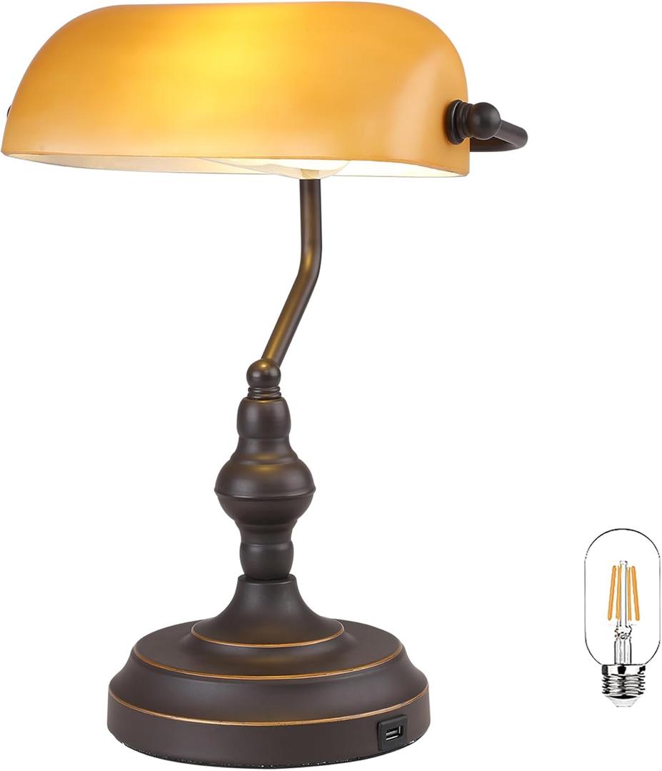 Banker Desk Lamp Touch Control, Vintage Banker's Desk Lamp with USB-A Port, 3 Way Dimmable Desk Lamps, Farmhouse Library Lamp Oil Rubbed Bronze for Office, Study Room