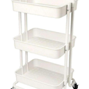 Boeeoan 3-Tier Utility Cart with Wheels, Rolling Cart with 3 Hanging Baskets, Storage Shelves, Multi-Functional Organizer Cart for Bathroom, Office, Kitchen, White