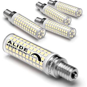 ALIDE E12 100W Dimmable Replacement LED Candelabra Bulbs C7,6000K Daylight Bright Cool White,1000 Lumen T6 E12 10W LED Chandelier Light Bulbs for Ceiling Fan Pendant Lighting Salt Lamp,5 Pack